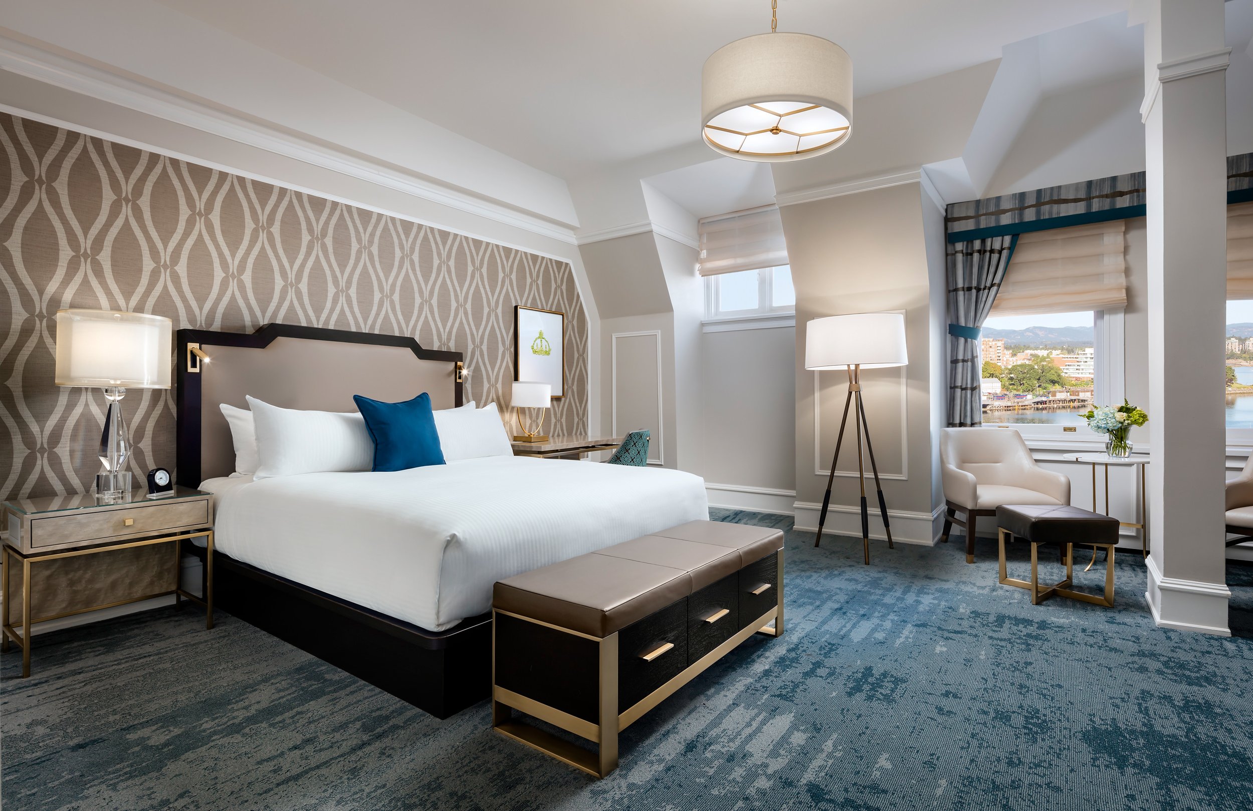 large bedroom with a view of the harbour