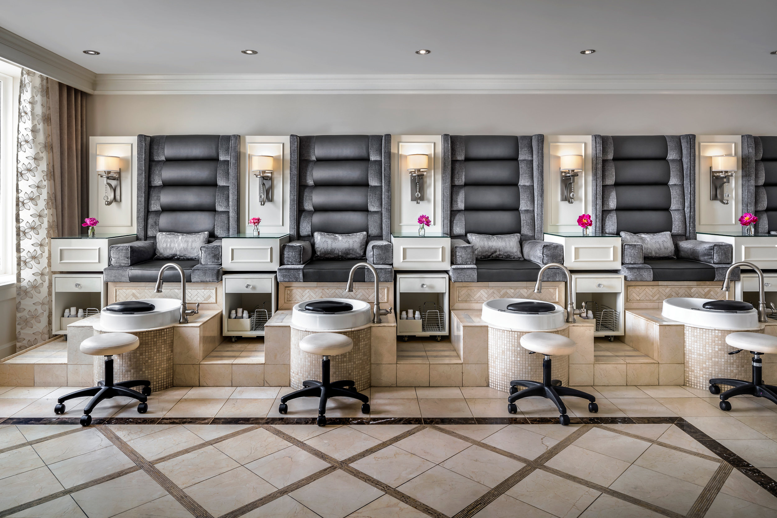 a row of salon chairs
