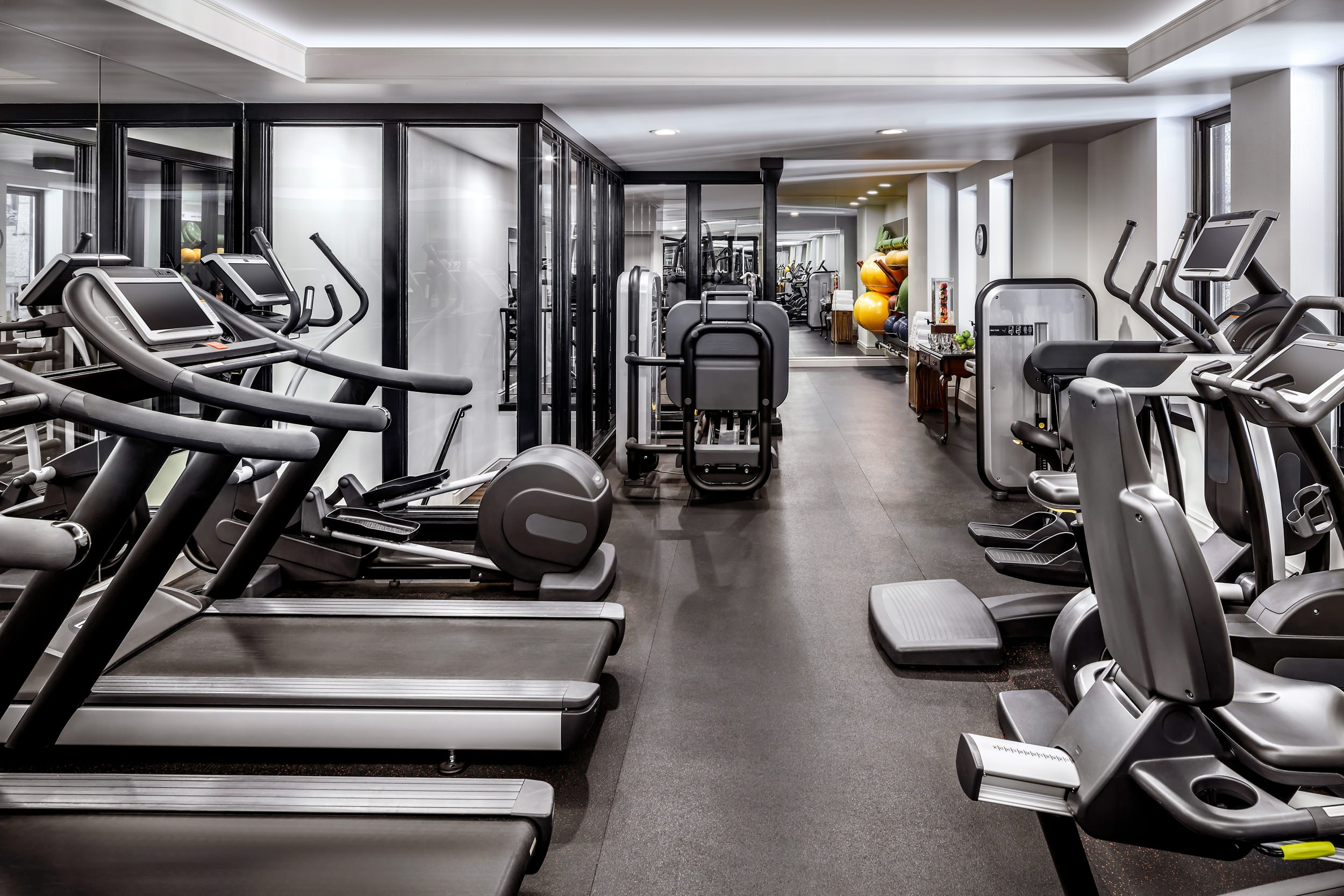 room with various gym equipment