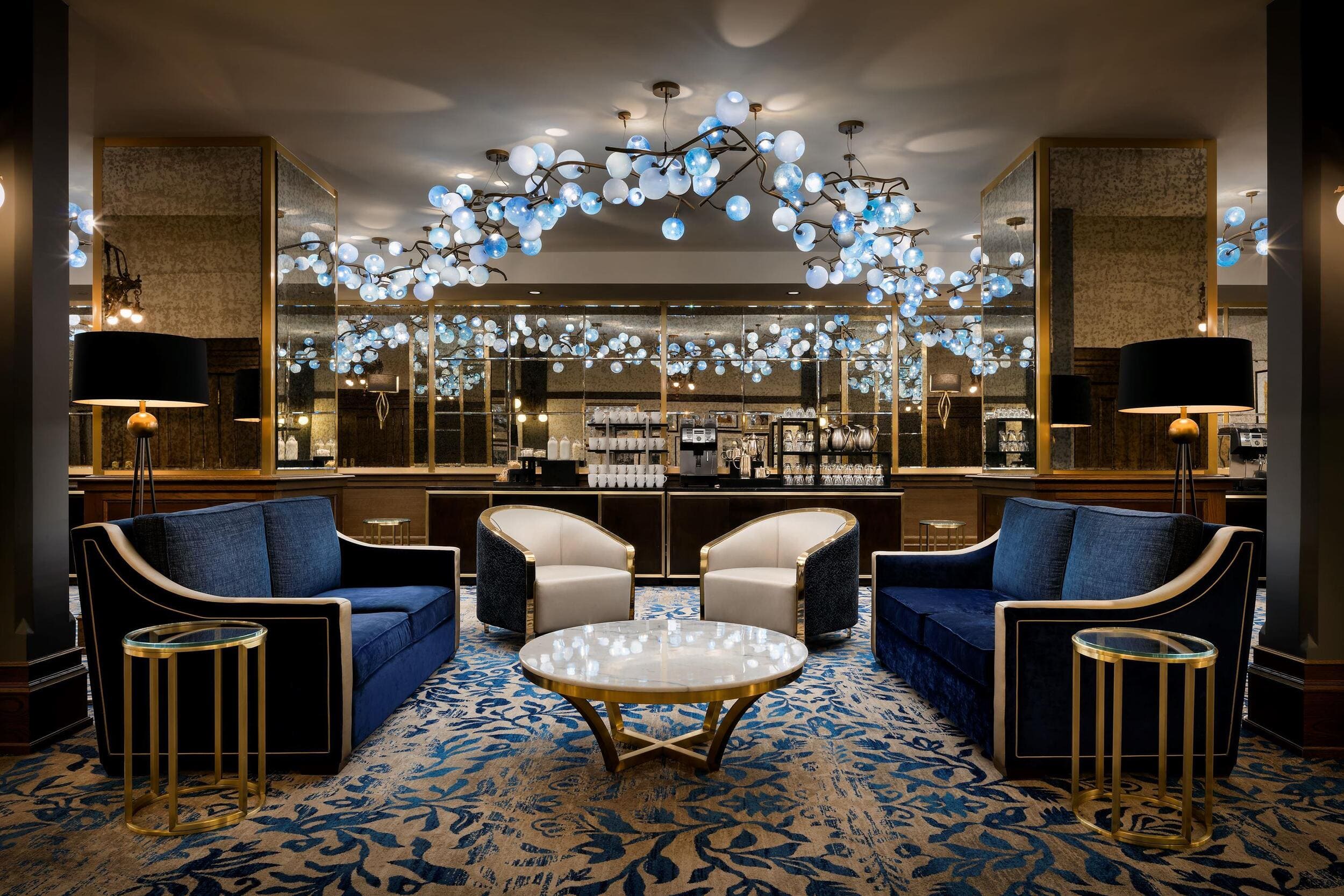 small meeting room with blue bulb lights