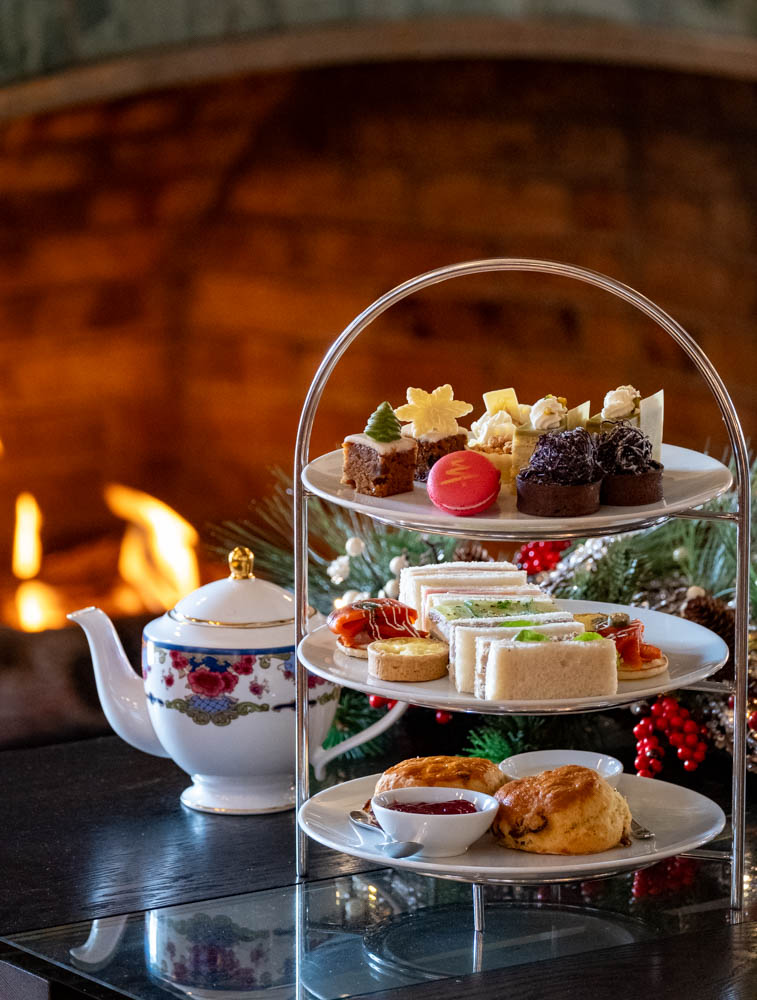 afternoon tea festive christmas holidays sandwiches dessert fireplace cozy fire ambiance